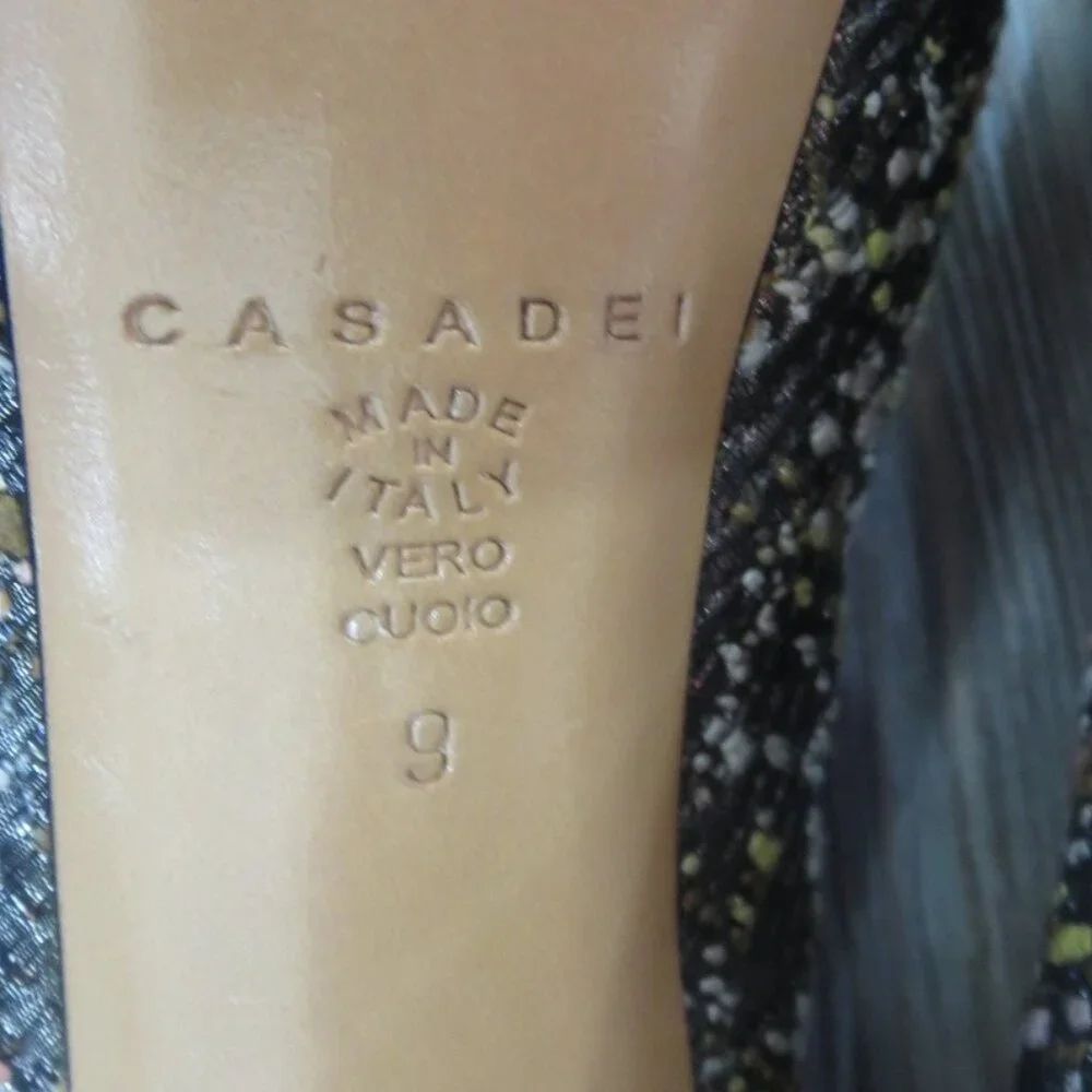 Near New Casadei Stiletto High Heels Peep Toe  9 Black Silver - Picture 16 of 16